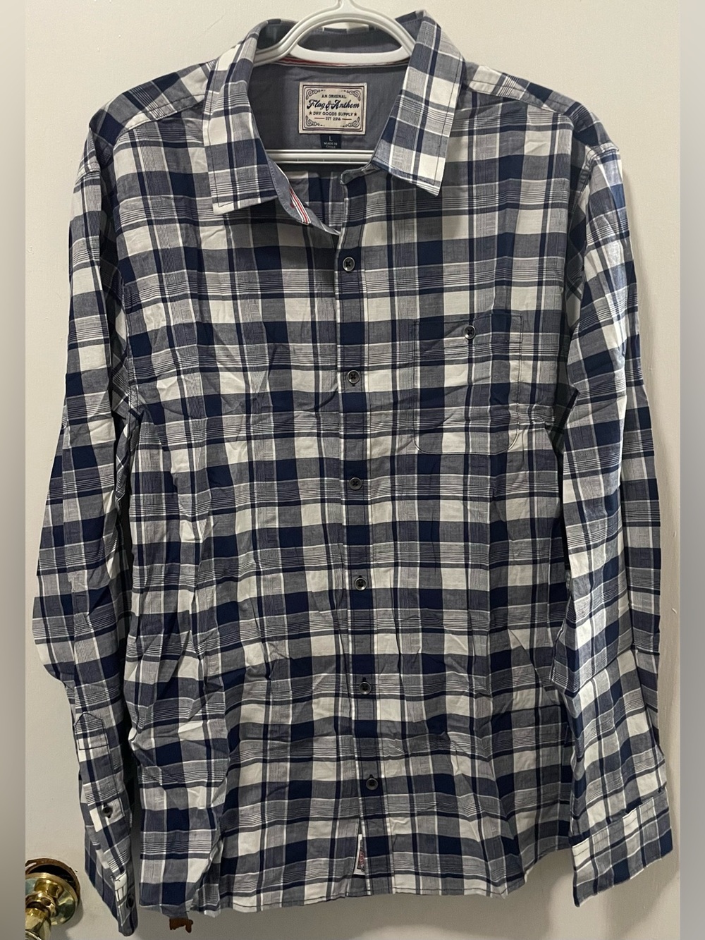 Flag & Anthem Men Navy White Long Sleeve Button Up Cotton Plaid Shirt Size Large